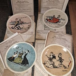 Fun Vintage Norman Rockwell On Tour Plates Newell Pottery Set of 4 COA